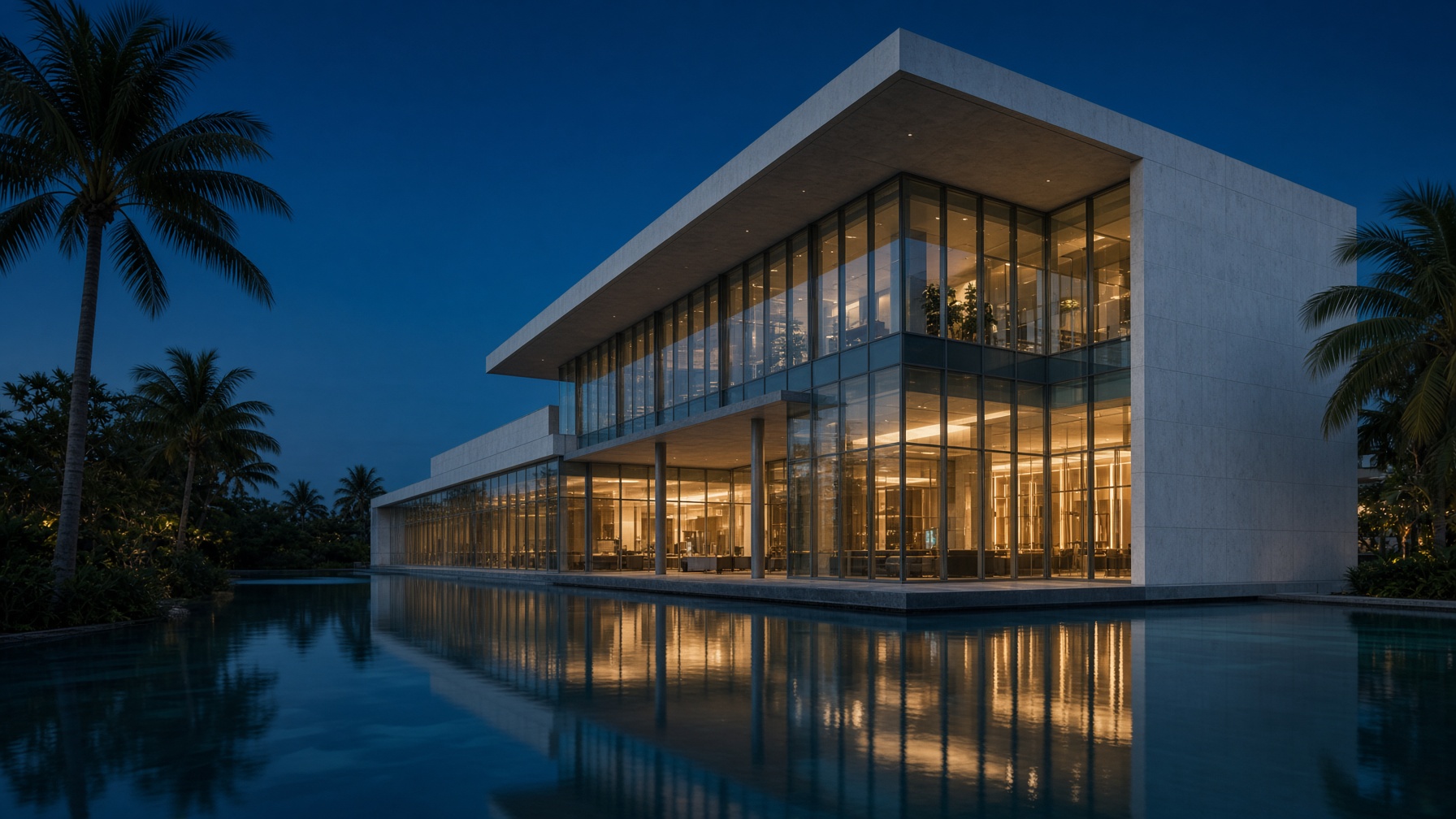 South Florida commercial building at dusk, reflected in still water