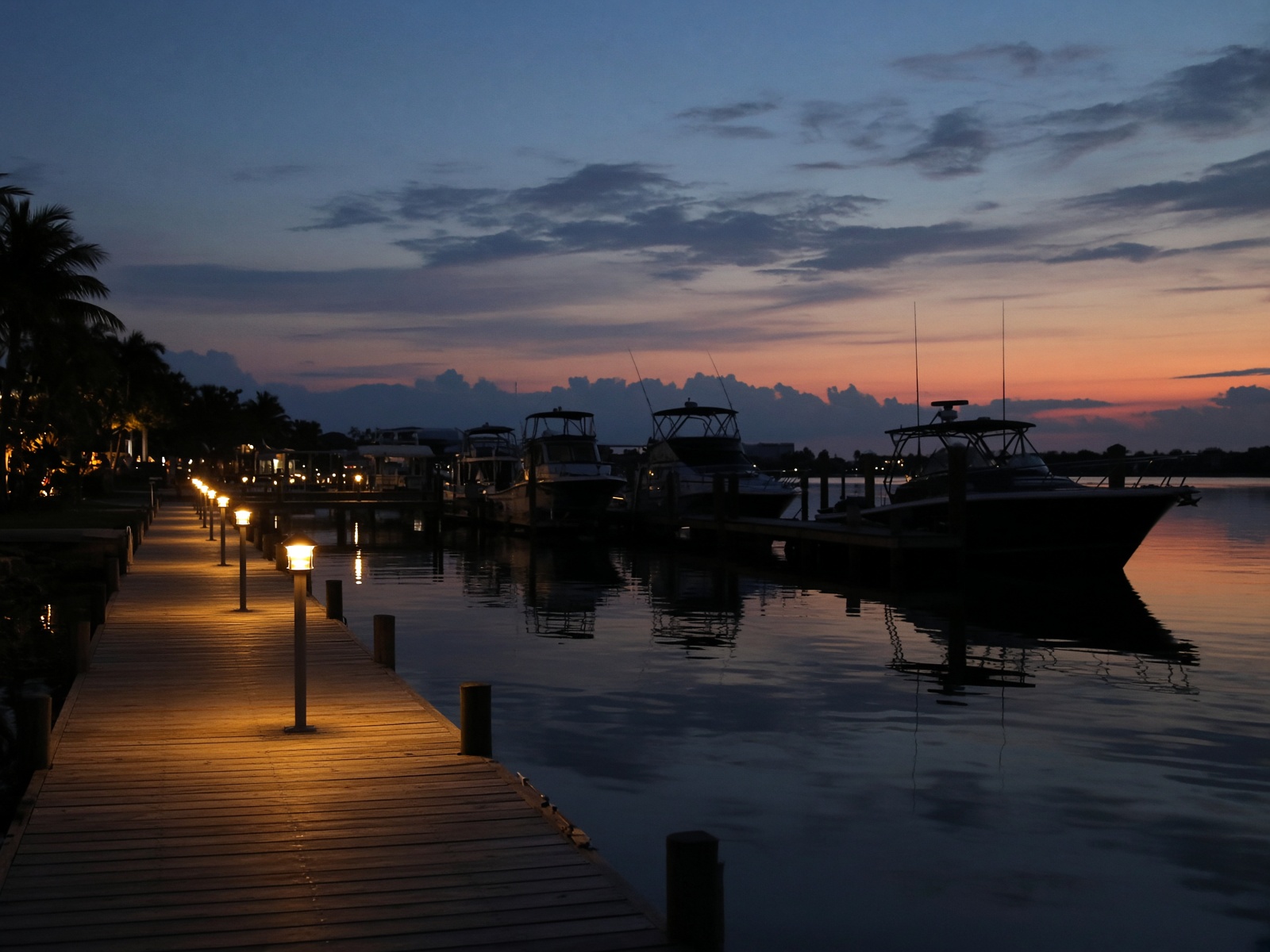 Marina dock lighting at dusk